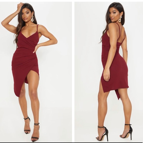 PrettyLittleThing Dresses & Skirts - Lauriell Burgundy Wrap Front Crepe Midi Dress